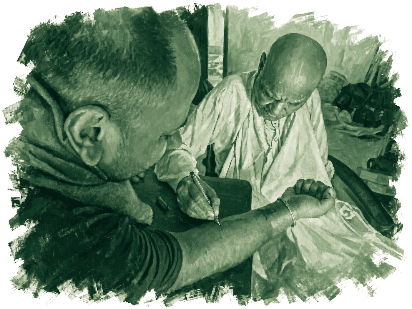 Aniruddha Dāsa sharing a personal moment with a senior Vaiṣṇava