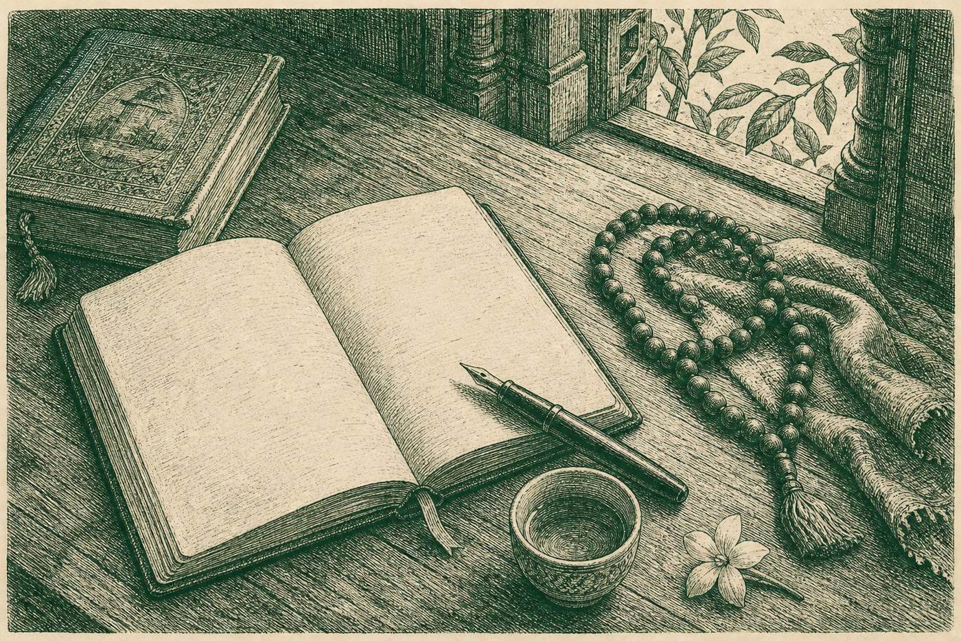 A devotional notebook, pen, scripture, japa beads, and tea