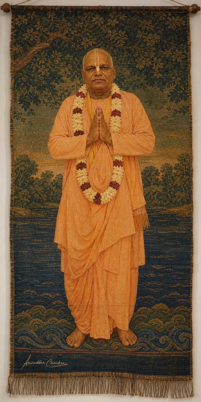 Woven tapestry portrait of Śrīla Rādhā Govinda Dāsa Gosvāmī Mahārāja
