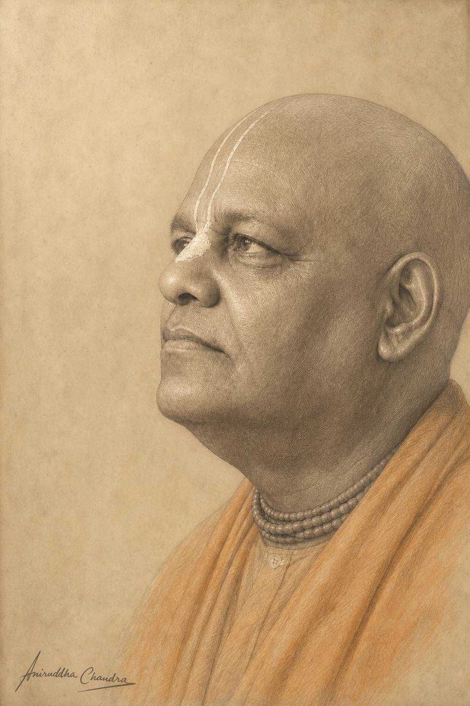 Graphite and sepia profile drawing of Śrīla Rādhā Govinda Dāsa Gosvāmī Mahārāja