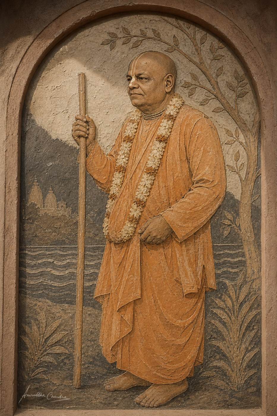 Temple relief fresco portrait of Śrīla Rādhā Govinda Dāsa Gosvāmī Mahārāja