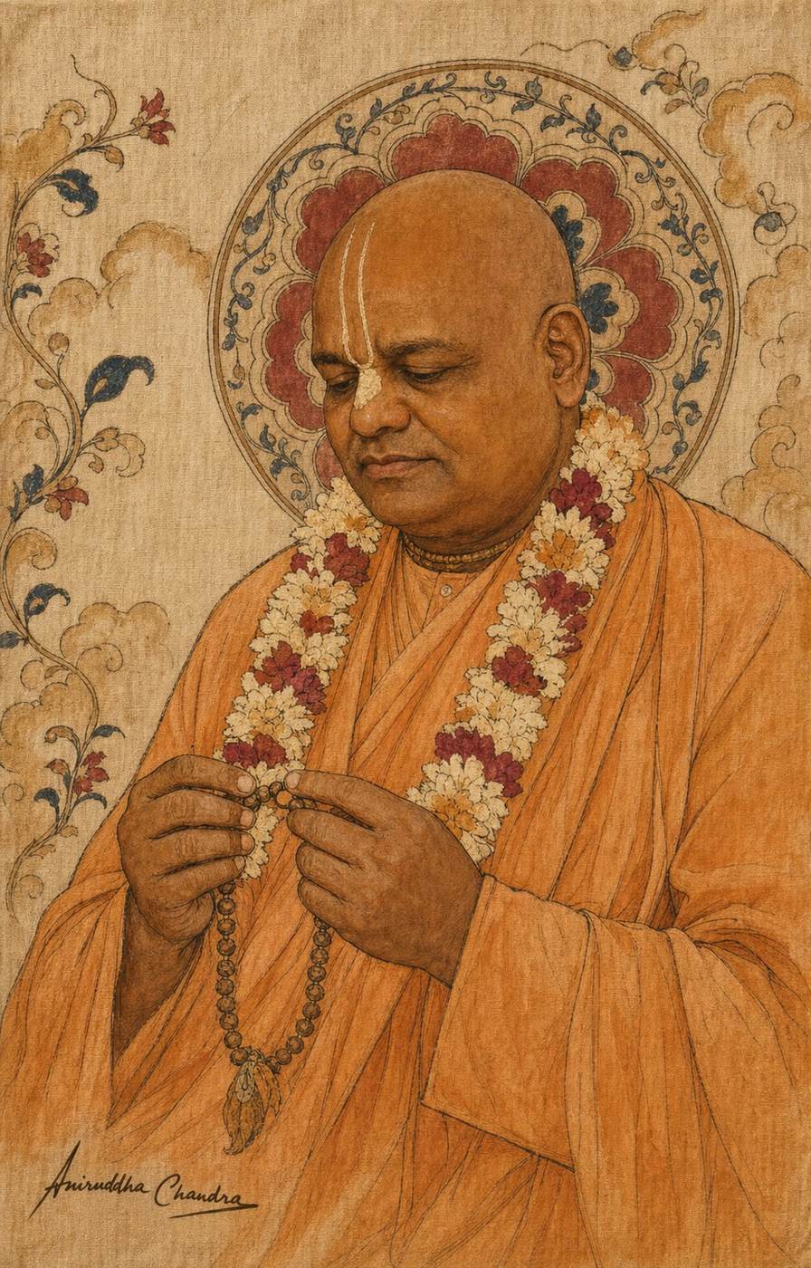 Pattachitra-inspired portrait of Śrīla Rādhā Govinda Dāsa Gosvāmī Mahārāja with prayer beads
