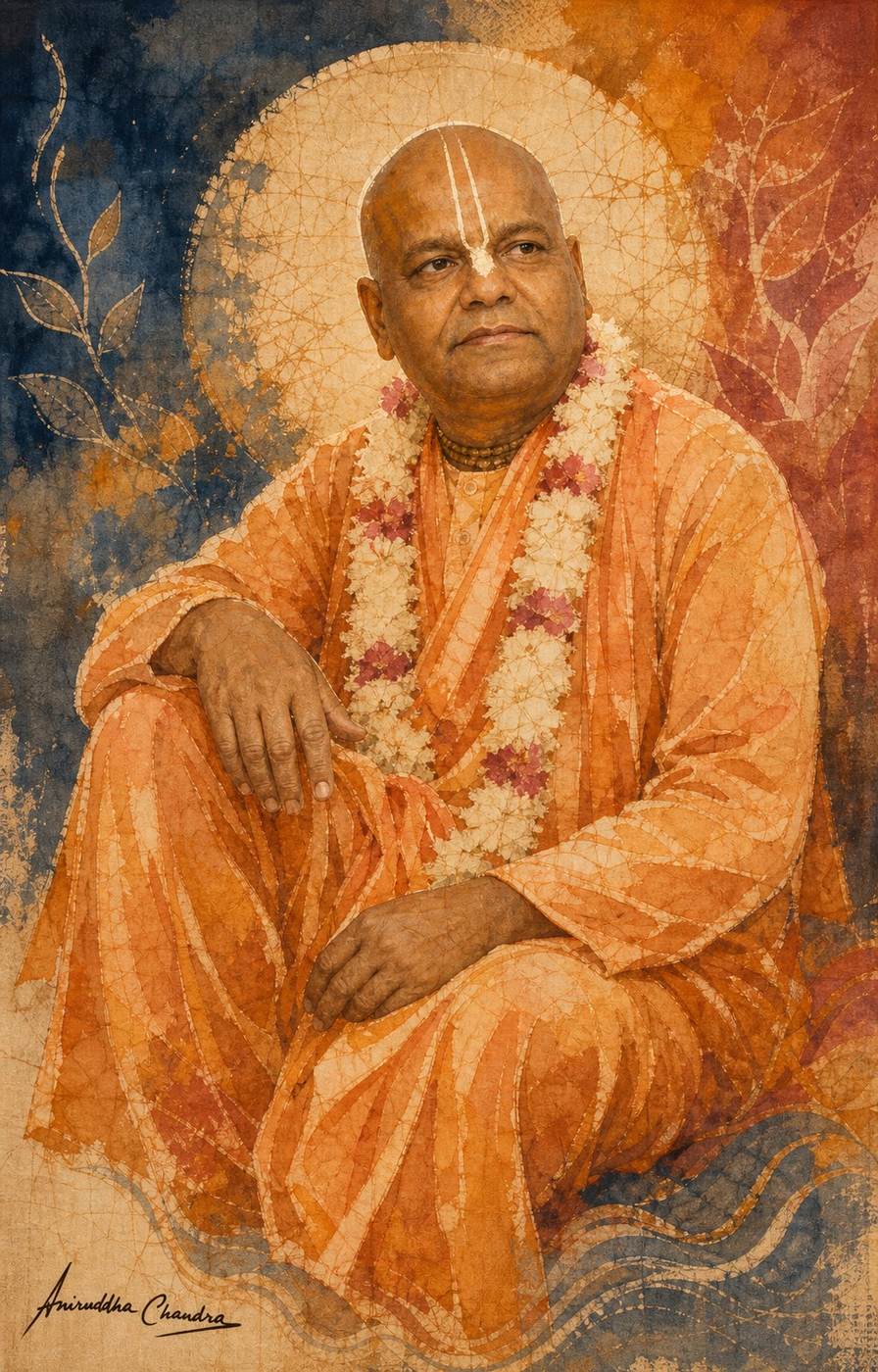 Batik textile portrait of Śrīla Rādhā Govinda Dāsa Gosvāmī Mahārāja