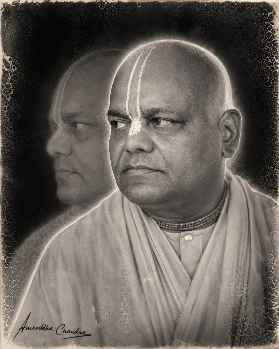 Experimental double portrait of Śrīla Rādhā Govinda Dāsa Gosvāmī Mahārāja in monochrome
