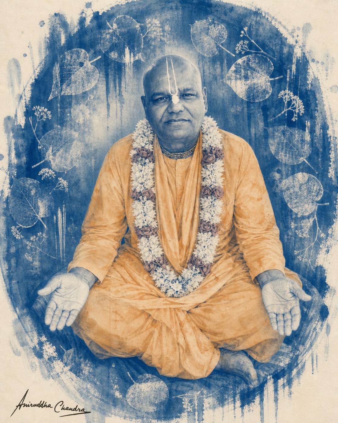 Cyanotype-inspired portrait of Śrīla Rādhā Govinda Dāsa Gosvāmī Mahārāja with botanical photograms