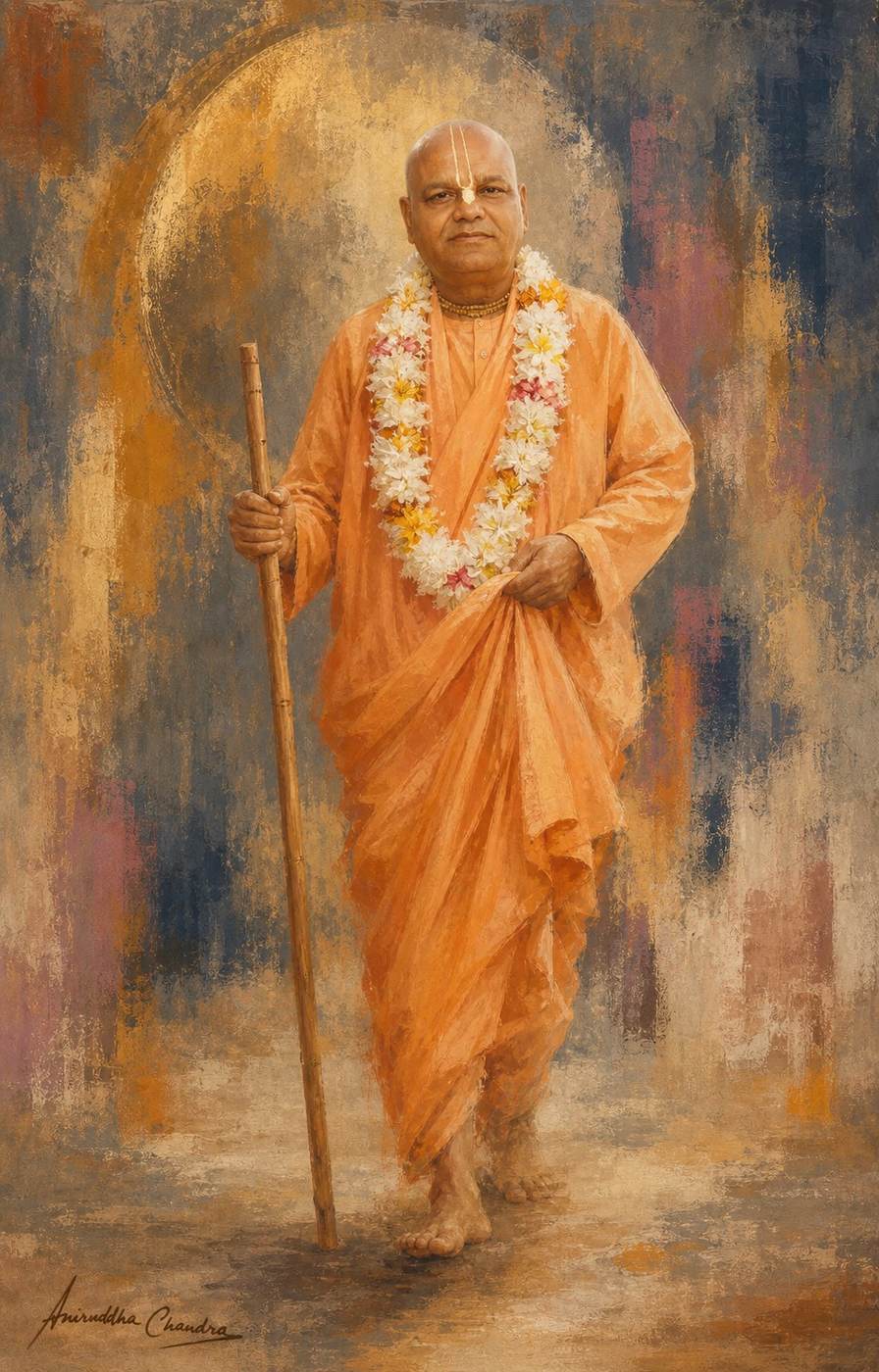 Palette-knife painting of Śrīla Rādhā Govinda Dāsa Gosvāmī Mahārāja standing with a staff