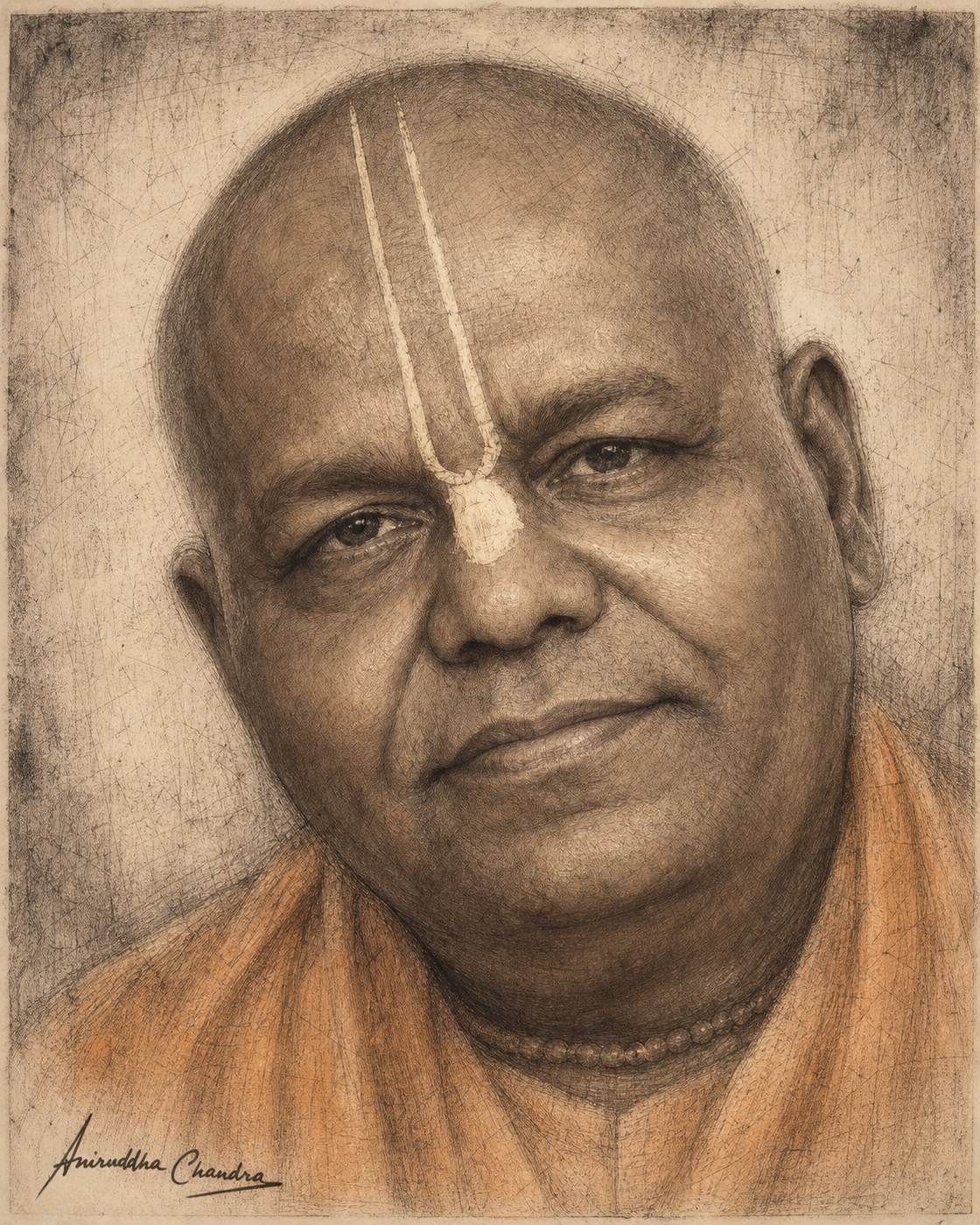 Drypoint and sepia wash portrait of Śrīla Rādhā Govinda Dāsa Gosvāmī Mahārāja