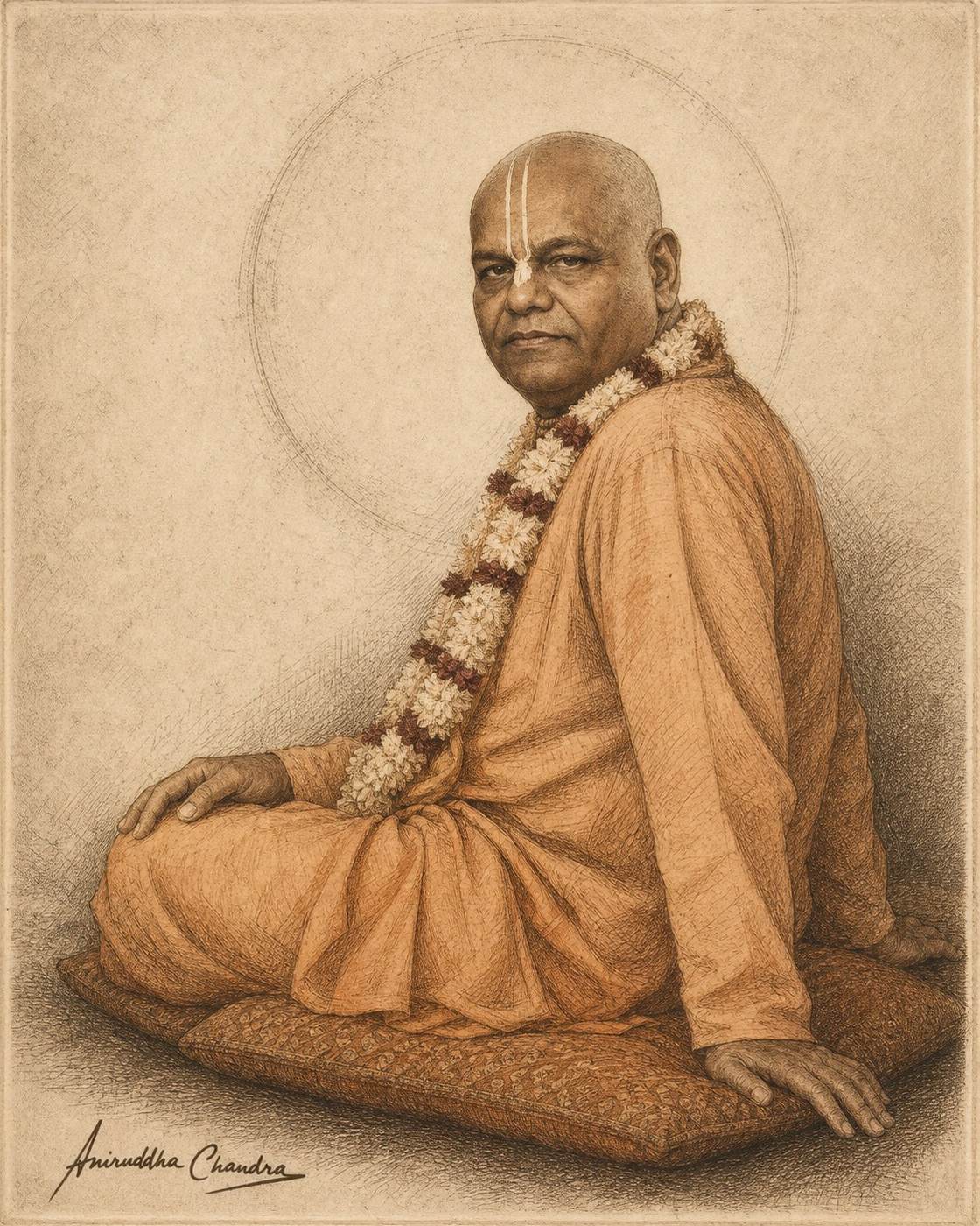 Hand-tinted etching of Śrīla Rādhā Govinda Dāsa Gosvāmī Mahārāja seated in profile