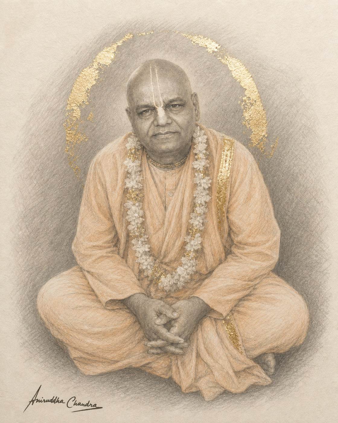 Graphite and gold-leaf portrait of Śrīla Rādhā Govinda Dāsa Gosvāmī Mahārāja