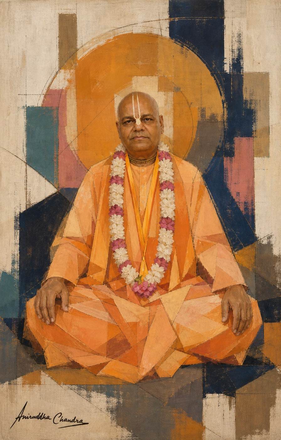 Abstract geometric portrait of Śrīla Rādhā Govinda Dāsa Gosvāmī Mahārāja seated in meditation