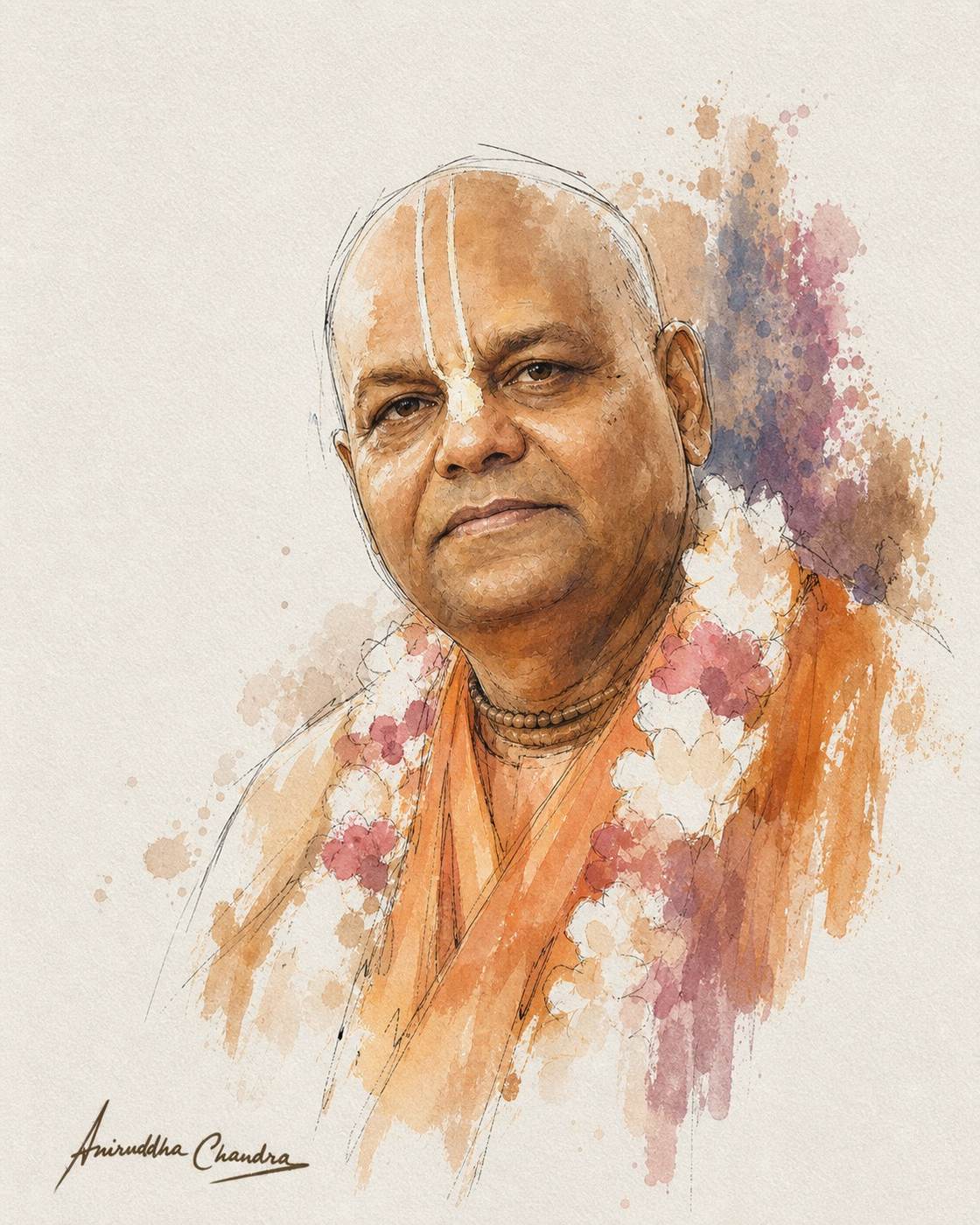 Loose watercolor and ink portrait of Śrīla Rādhā Govinda Dāsa Gosvāmī Mahārāja