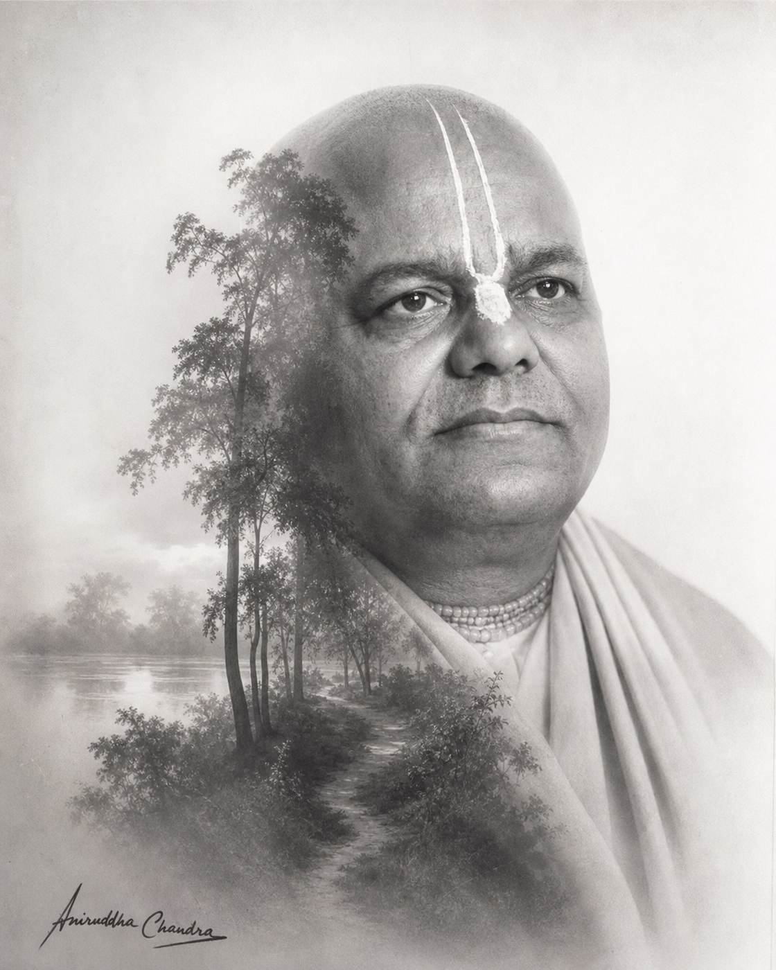 Black-and-white double-exposure portrait of Śrīla Rādhā Govinda Dāsa Gosvāmī Mahārāja with a forest river path