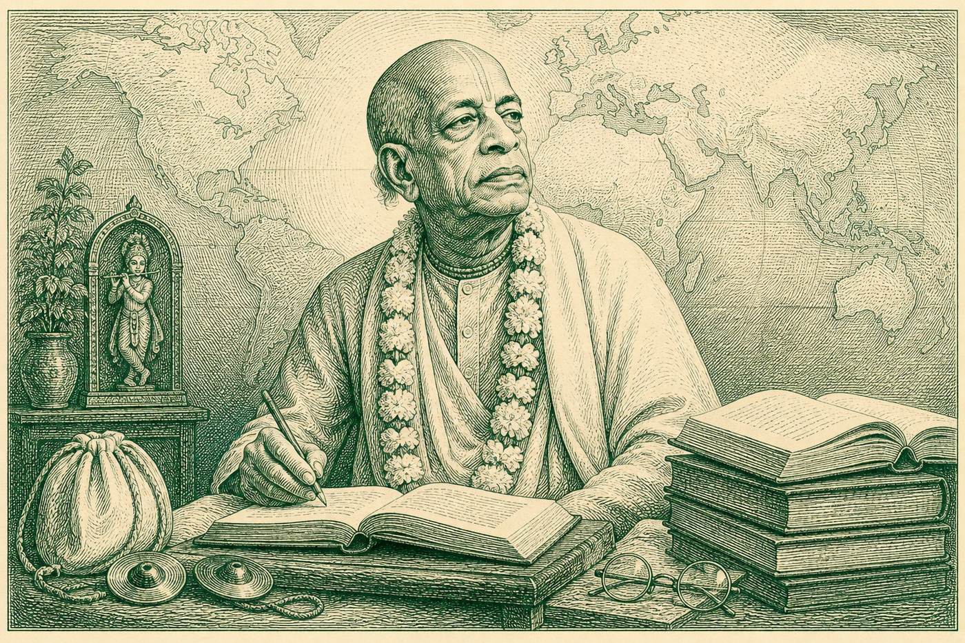 Scripture, glasses, kartals, and a map symbolizing Śrīla Prabhupāda’s worldwide mission